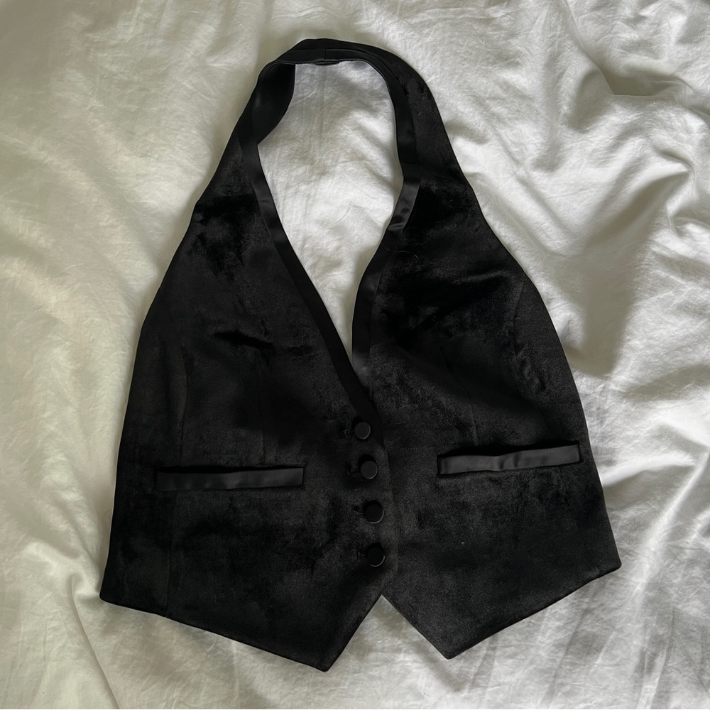 Velvet Button Front Halter Tuxedo Blazer Vest - Picture 4 of 5